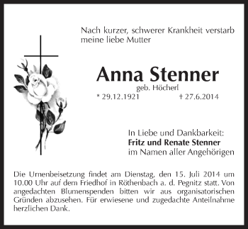 Traueranzeige von Anna Stenner von Pegnitz-Zeitung